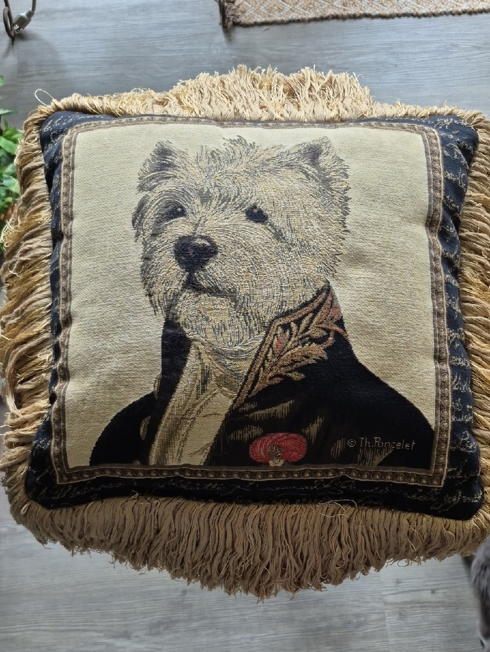 Borgata Th Poncelet Westie Tapestry Dog Tassel Throw Pillow in Beige and Black